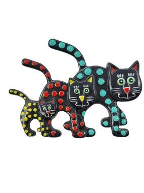 Vintage 90s Kelly Graham Purrfect Pieces Black Plastic Black Cat Trio Family Pin